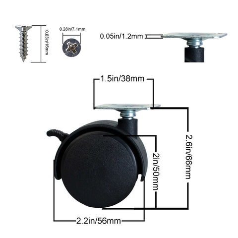 Dimensions of 2 Inch Swivel Plate Caster Wheels Set Of 4 With Locks And Stainless Screws 50mm Wheel Diameter 38mm Square Top Plate