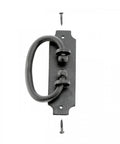 Wrought Iron Cabinet Ring Pull Set Black Antique Colonial Hepplewhite Style 5-1/4 In Backplate, 1.6 In Wide, Ring 4.1 In, screws visible