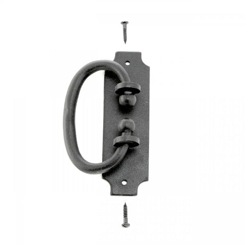 Wrought Iron Cabinet Ring Pull Set Black Antique Colonial Hepplewhite Style 5-1/4 In Backplate, 1.6 In Wide, Ring 4.1 In, screws visible