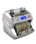 Workhorse Cash Counter With Counterfeit Detection UV MG IR DD DBL HLF CHN, silver machine with bills being counted