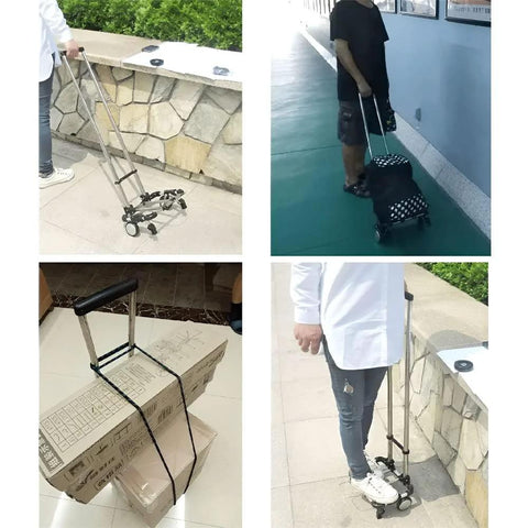 Various uses of Foldable Luggage Cart With Two Wheels Lightweight Portable Travel Dolly For Air Travel shown with bags and boxes.