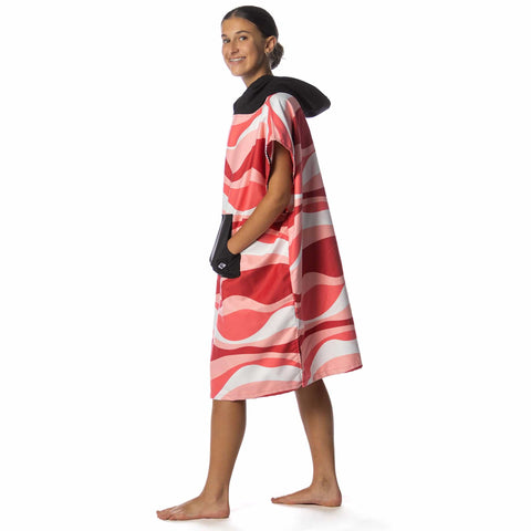 Child wearing Kids Hooded Poncho Towel With Front Pocket Microfiber Quick Dry Swim Cover Up For Boys And Girls For Beach And Pool Absorbent Lightweight Soft On Skin Easy To Pack Small 28x22 Inches Pinkwave, side view