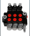 Top view of Three Spool 11 GPM Hydraulic Flow Control Valve With Heavy Duty G Ports Adjustable Relief Lever Handle Double Acting Parallel Center