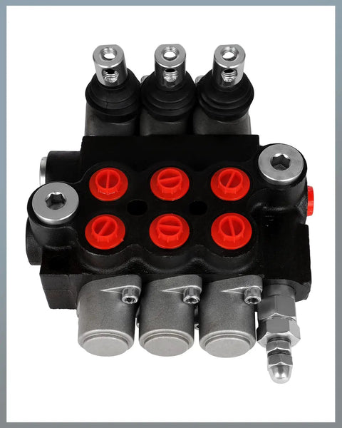 Top view of Three Spool 11 GPM Hydraulic Flow Control Valve With Heavy Duty G Ports Adjustable Relief Lever Handle Double Acting Parallel Center