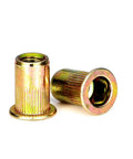 100 Pc 1/4"-20 Unc Rivet Nuts Carbon Steel Zinc Plated Flat Head Knurled Body Threaded Inserts close-up on white background