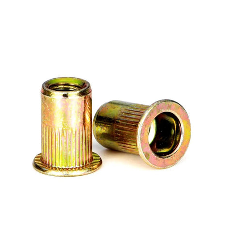 100 Pc 1/4"-20 Unc Rivet Nuts Carbon Steel Zinc Plated Flat Head Knurled Body Threaded Inserts close-up on white background