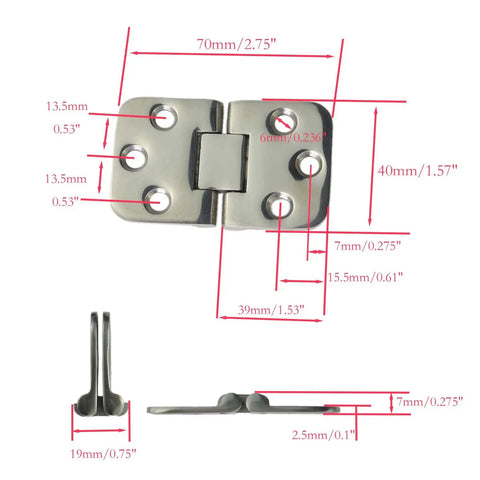 Built Tough Marine Grade 316 Stainless Steel Self Supporting Folding Table Hinges dimensions 70mm x 40mm with mounting holes.