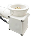 Heavy Duty 35 Inch Cable Drive Bathtub Drain Trim Kit Featuring A Rock Solid Brass Rotary Overflow Knob And Dang Smooth Pop Up Stopper With Built In Strainer Plus Straight Shot Poly Tubular Pipes In Real Nice Champagne Bronze, showcasing a white drain assembly with brass fitting.