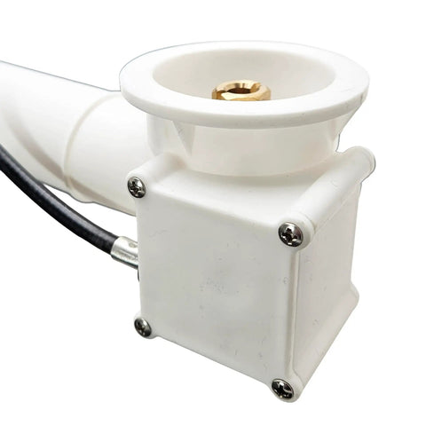 Heavy Duty 35 Inch Cable Drive Bathtub Drain Trim Kit Featuring A Rock Solid Brass Rotary Overflow Knob And Dang Smooth Pop Up Stopper With Built In Strainer Plus Straight Shot Poly Tubular Pipes In Real Nice Champagne Bronze, showcasing a white drain assembly with brass fitting.