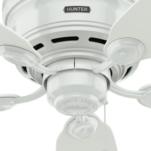 Close-up of the 42 Inch Indoor Ceiling Fan No Light With Low Profile Flush Mount And Five Blades For Bedroom Living Room And Kitchen Pull Chain Snow White Energy Efficient Quiet Operation Hassle Free showing pull chain mechanism.