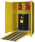 Heavy Duty Flammable Storage Cabinet For 75 Gallon Drums With Self Closing Latch Doors and OSHA Certified Safety Setup, yellow cabinet with black drum inside.