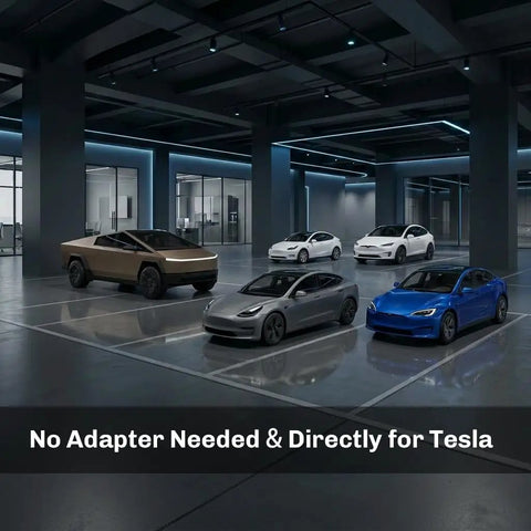 Sick Level One Portable Charger For Tesla Models, 120V 15A EVSE with multiple Tesla cars in a modern garage.