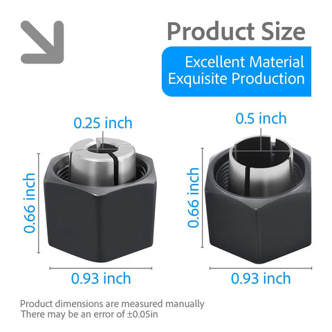 Router Collet Chuck And Nut Set Including One Half Inch And One Quarter Inch Collets Twelve Point Seven Millimeter And Six Point Three Five Millimeter