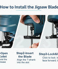 Jigsaw blade installation guide infographic showing three steps to insert and lock a T-shank blade.