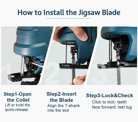 Jigsaw blade installation guide infographic showing three steps to insert and lock a T-shank blade.