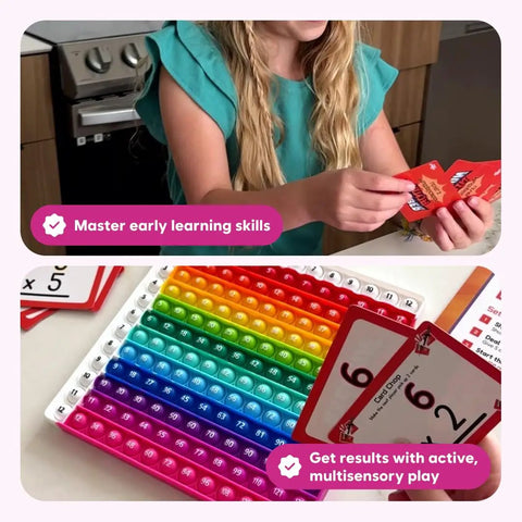Child playing with Number Ninja Multiplication And Division Game For Grades 2 Through 4 with colorful learning cards.