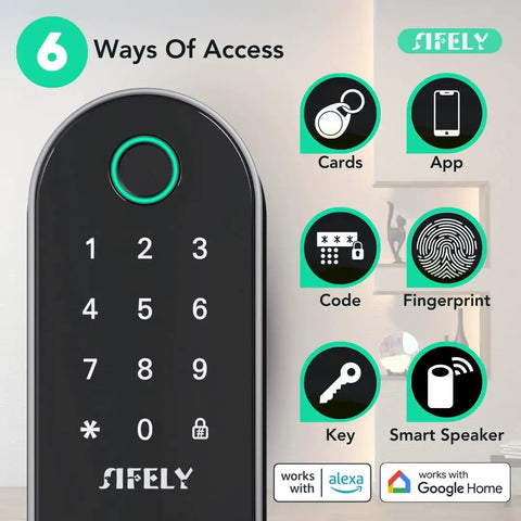 Smart Door Lock With Built In WiFi And Fingerprint, Handle And Keypad, Remote Access And Auto Lock, Keyless Entry For Home And Airbnb, Six In One Unlock Code Card App Key, Works With Alexa And Google showing keypad and features