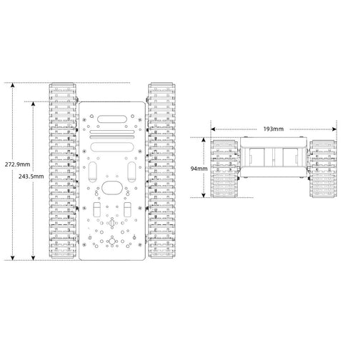 Dimensions diagram of Tracked Tank Chassis With Encoder DC Motor And Suspension Shock Absorption, Beefy Full Metal Robotic Moving Platform.