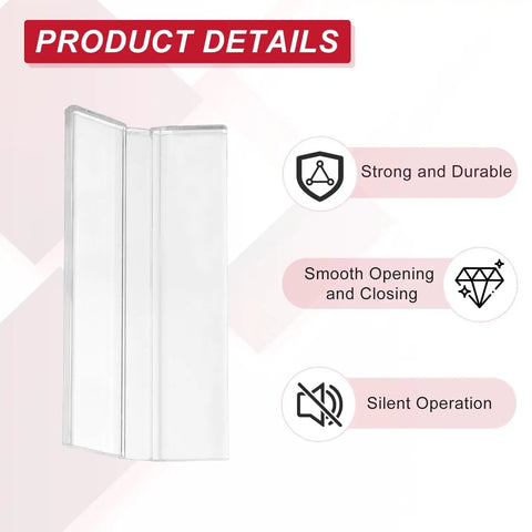 Heavy Duty Clear Acrylic Flexible Living Hinges Pack Of Two 360 Degree Smooth Continuous Invisible Hinge For Shop Displays 75X39mm strong clear hinge with icons for durability, smooth operation, and silent use.