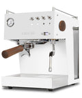 Kickass Semi Professional Espresso Machine With PID Temperature Precision And Programmable Volumetric Controls Single Thermoblock in glossy white with wood accents.