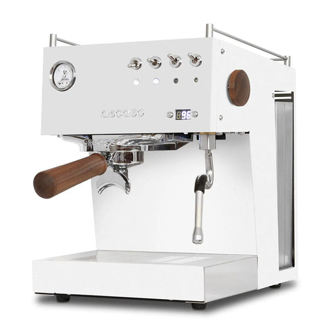 Kickass Semi Professional Espresso Machine With PID Temperature Precision And Programmable Volumetric Controls Single Thermoblock in glossy white with wood accents.