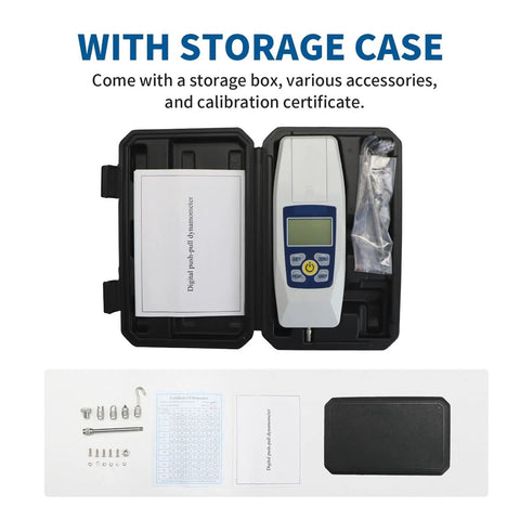 Push And Pull Force Tester Dynamometer With Four Measurement Units Newton Kilogram Pound And Ounce, Peak First Peak And Real Time Modes, Backlit LCD Display, Auto Power Off, Handy Portable Storage Case, 300N Capacity in storage case