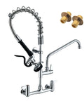 Heavy Duty Commercial Sink Faucet Wall Mount With Pre Rinse Sprayer featuring chrome finish and robust design for tough kitchens.