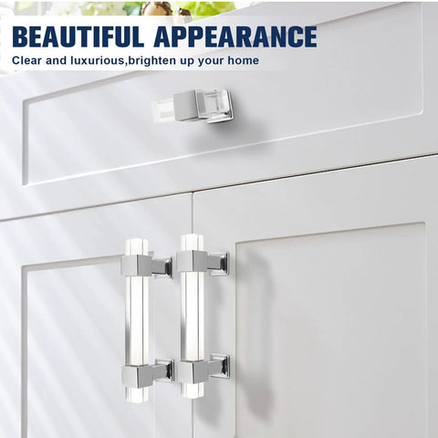 Slick 30 Pack Kitchen Cabinet Pulls With Square Clear Tube, 90mm Center To Center, mounted on gray cabinet doors