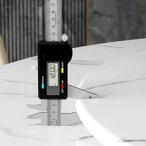 Caliper measuring thickness of Large Lazy Susan Turntable Slate Marble Texture Rotating Tray Round Serving Tray 12mm Thick Brown 100cm