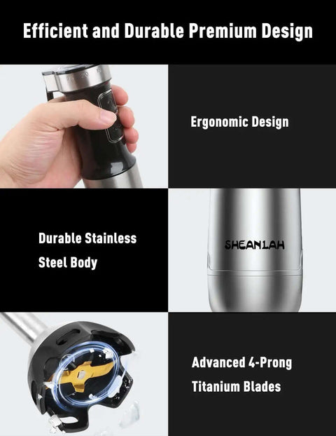 Heavy Duty 1000W Immersion Blender With 25 Adjustable Speed Settings And Tough Copper Brushless Motor Corded Hand Mixer, ergonomic grip and stainless steel body.