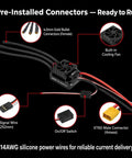 60A Sensorless Brushless ESC for 1 to 10 scale RC cars with pre-installed connectors, including cooling fan and silicone power wires.
