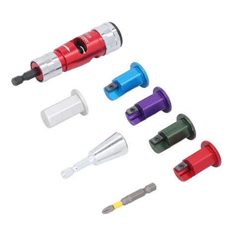 Jiawu Electric Drill Wire Stripper Bits Set For 6-14 AWG Solid Al Cable with various colorful stripping heads and adapter.