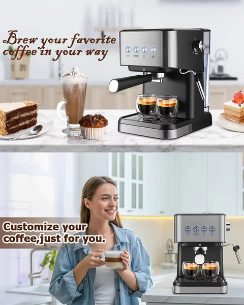 Skip The Long Line With This Fire 20 Bar Espresso Machine Featuring Programmable Settings Integrated Milk Frother Steam Wand And Easy Pour Tank For Killer Latte Art Straight From Your Kitchen Counter, showcasing espresso drinks and user friendly design.