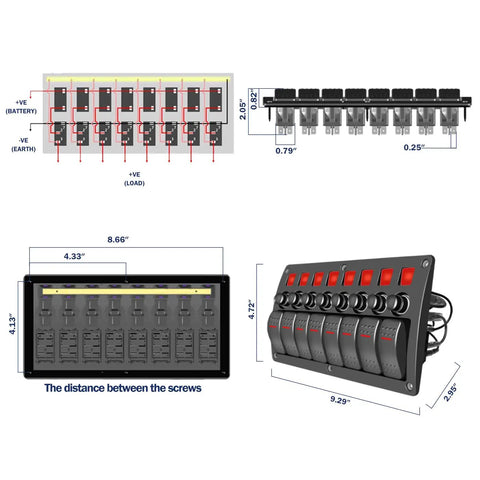 Dimensions of Beefy 8 Gang Marine Rocker Switch Panel Waterproof With Circuit Breaker 12V On Off Toggle Panel Red LED Indicator