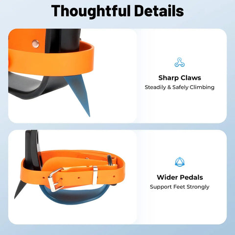 Close-up of Tree Climbing Spikes With Adjustable Steel Climber Gaffs showing sharp claws and wider pedals for stability.
