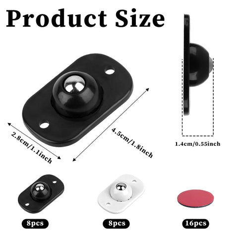16 Pcs Self Adhesive Mini Caster Wheels 360 Degree Swivel Ball Bearing Sliders, product size and colors, black and white.