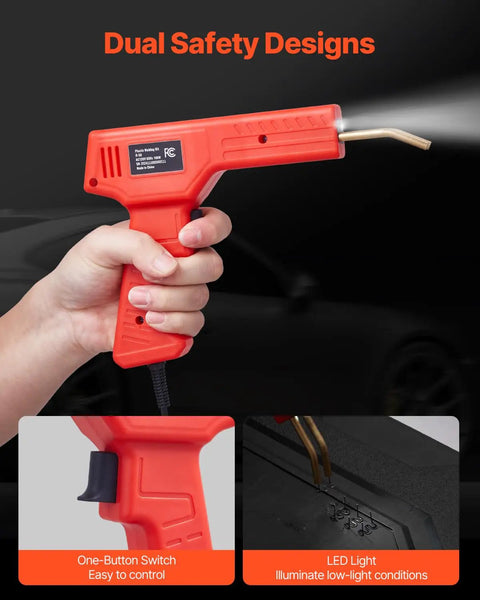 100W Plastic Welder Gun With 800 Hot Staples And Led Light Rapid Heating Bumper Repair Kit For Cars Kayaks And Toys, showing ergonomic hand grip and LED feature.