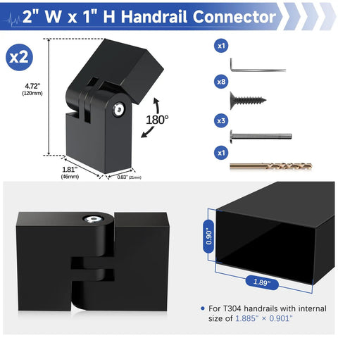 180 Degree Adjustable Vertical Pivot Connector for 2x1 Handrails, black stainless steel, 1.885 x 0.901 inch opening, hidden install