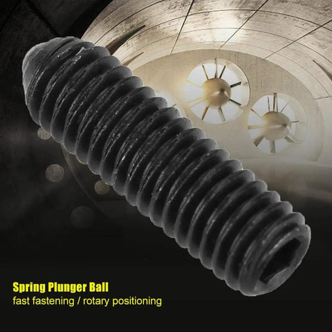 Deadset Strong M3 Hex Socket Spring Ball Plungers, 20 Piece Carbon Steel Fastener Set with Durable Black Oxide Finish, close-up view.