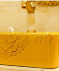 Rectangle Vessel Sink For Bathroom, Gold Bathroom Ceramic Vessel Sink Above Counter with intricate floral design.