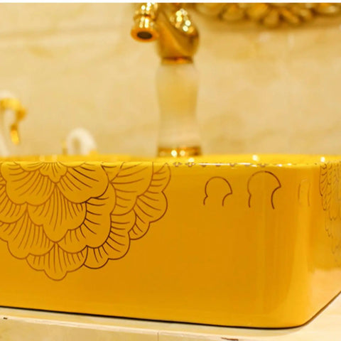 Rectangle Vessel Sink For Bathroom, Gold Bathroom Ceramic Vessel Sink Above Counter with intricate floral design.