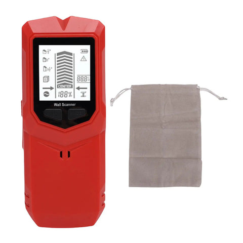 Stud Finder Wall Scanner 7 in 1 LCD Display Metal Wood Stud Detector in red with LCD screen and gray carrying pouch.