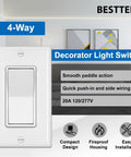 4 Pack 4 Way Decorator Wall Light Switch With Wall Plate 15A 120 277V On Off Paddle Rocker Interrupter Self Grounding UL Listed