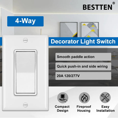 4 Pack 4 Way Decorator Wall Light Switch With Wall Plate 15A 120 277V On Off Paddle Rocker Interrupter Self Grounding UL Listed