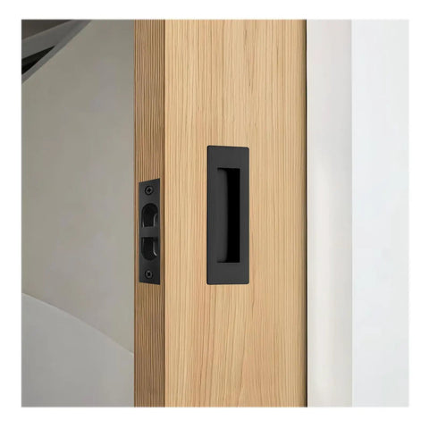 Heavy Duty Pocket Door Handles With Slick Edge Pull Upgrade Your Homestead Setup With Zero Sweat Install Using 304 Stainless Steel Build For Sleek Black Finish And Reliable Operations on wooden door.