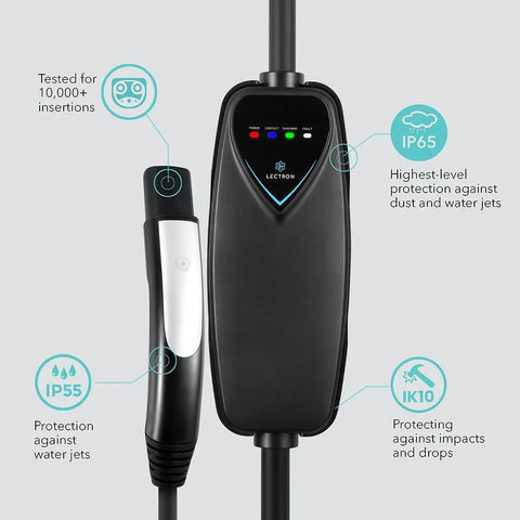 Level 2 Electric Vehicle Charger 40 Amp 240 Volt NEMA 14 50 Plug 16 Ft Cable showing LED indicators and rugged design features.