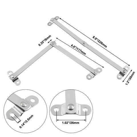 Real Deal Heavy Duty Soft Close Lid Support Hinges 2 Pack Stainless Steel Cabinet Brace with measurements shown