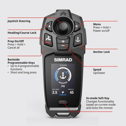 Close-up of SIMRAD joystick remote for 54 Inch Saltwater Trolling Motor with GPS anchoring and programmable keys.