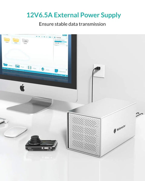 12V6.5A External Power Supply for stable data transmission next to a computer and camera, supporting various devices.