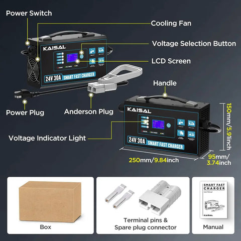 Ultra Fast 24 Volt Forklift Battery Charger 30 Amp Smart Pallet Jack Trickle Charging Unit With Lcd Digital Display and connectors.